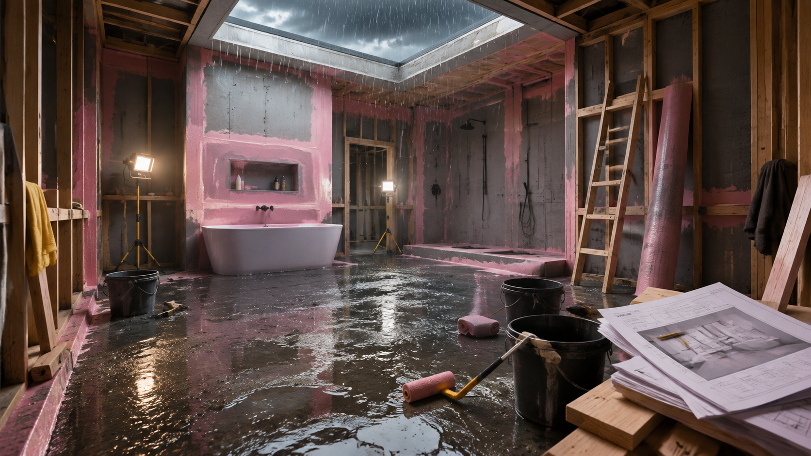 Rain soaking an unfinished family bathroom floor during waterproofing week